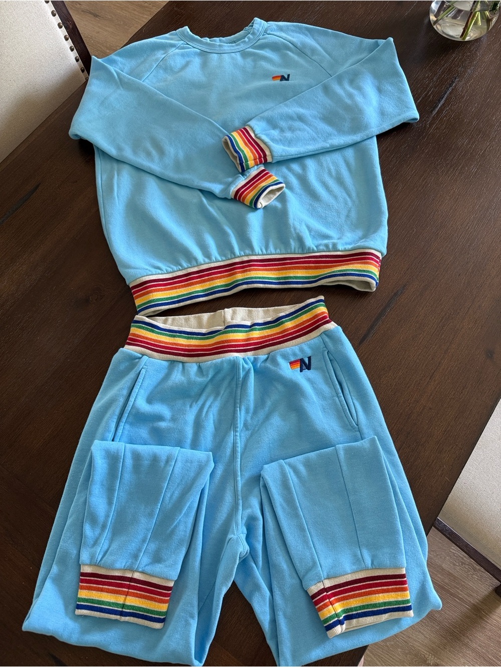 Aviator Nation Light Blue Sweatshirt & Shorts Set with Rainbow Trim